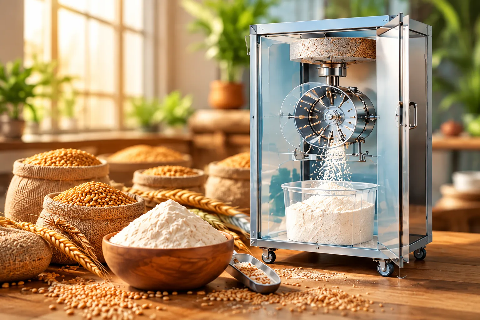 Flour mill grinding fresh wheat flour into a container
