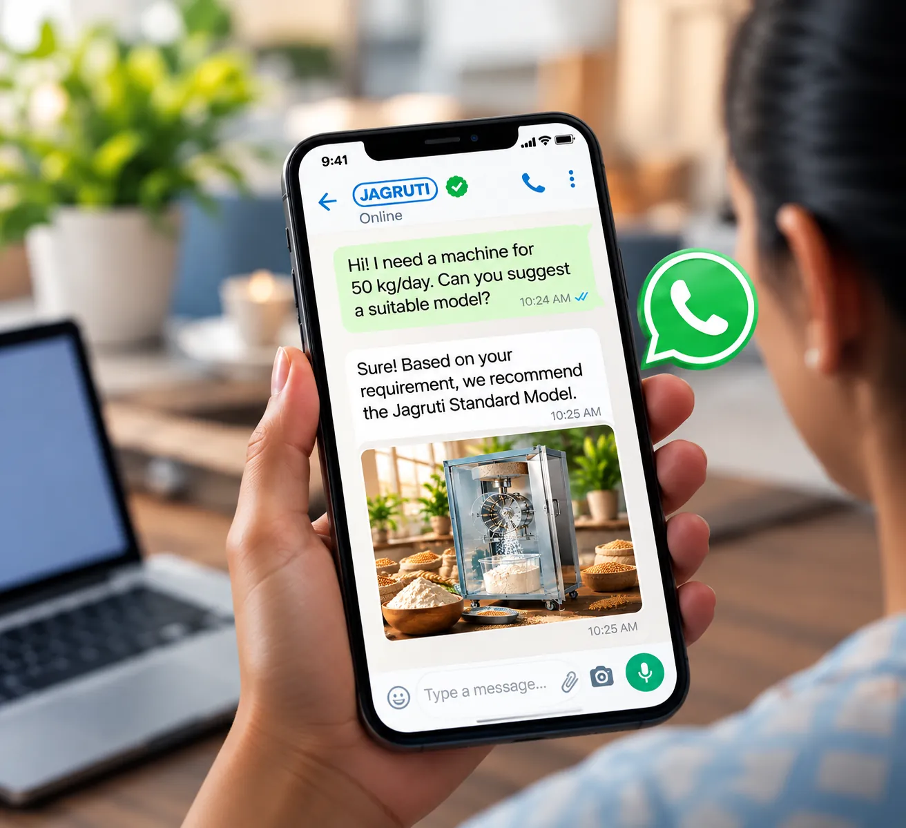 Customer chatting with Jagruti on WhatsApp for a machine recommendation
